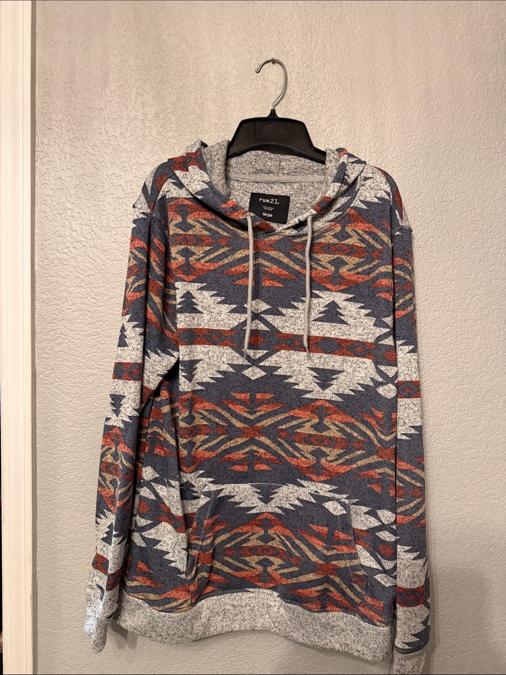 Rue21 Men’s Aztec Pullover Hoodie - Navy, Orange, Gray